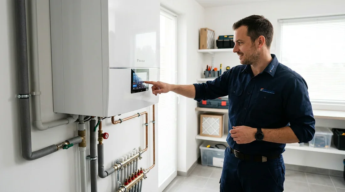 Inspection et diagnostic de la pompe a chaleur Daikin Altherma Technicien de chauffage pointant du doigt l ecran d affichage d une pompe a chaleur Daikin Altherma moderne dans un cellier propre