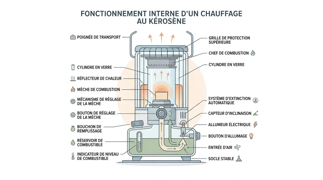 Composants internes poêle à pétrole Schéma technique des composants d'un poêle à pétrole
