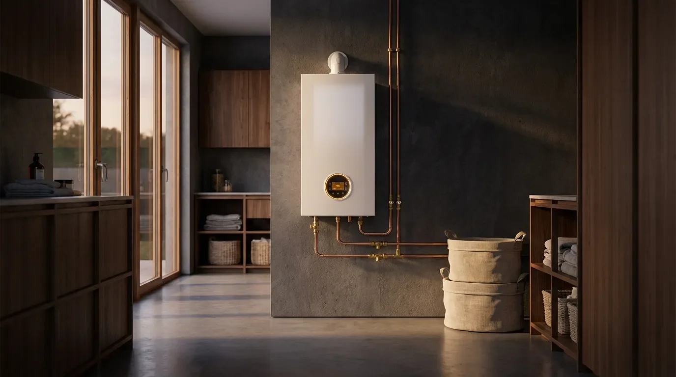 Chaudière murale moderne installée dans une buanderie design illustrant l'erreur F28 Saunier Duval