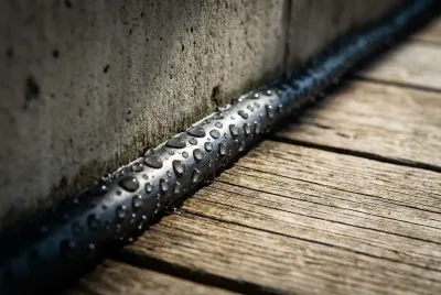 Gros plan macro de l'effet perlant sur un joint d'étanchéité terrasse