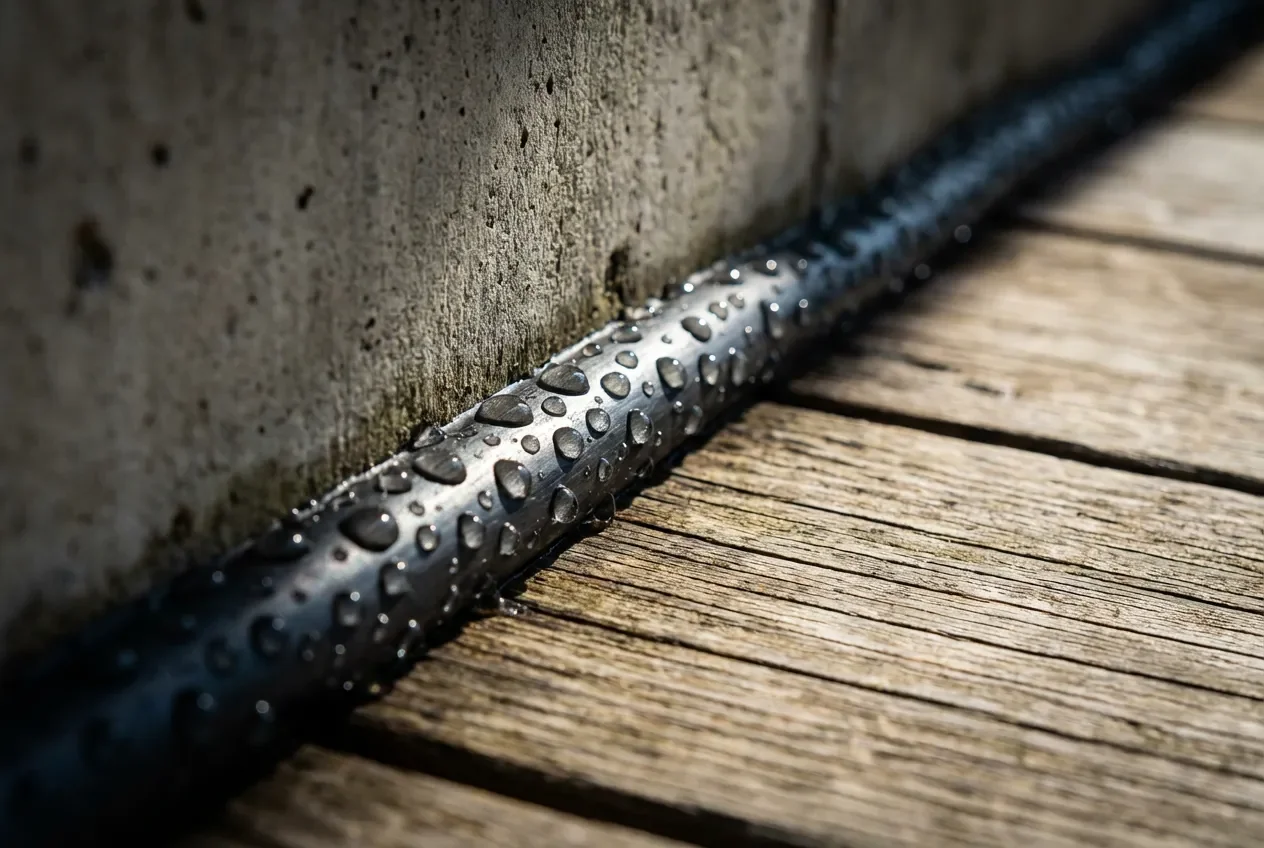 Gros plan macro de l'effet perlant sur un joint d'étanchéité terrasse
