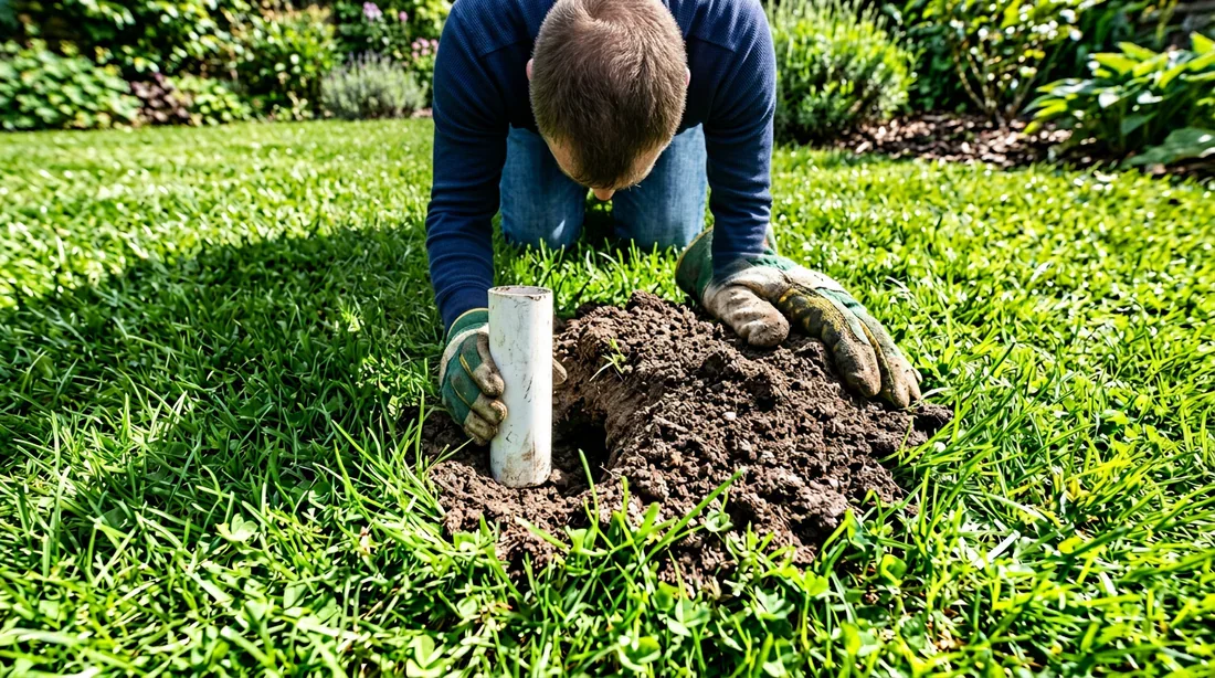 Installation de matériel pour le jardinage et la lutte contre les taupes Jardinier tenant un tuyau en PVC pour chasser les taupes dans un jardin