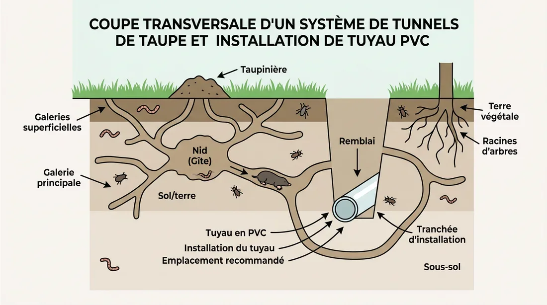 Schéma technique de pose du dispositif anti-taupe Schéma explicatif de l'installation d'un piège à taupe en PVC