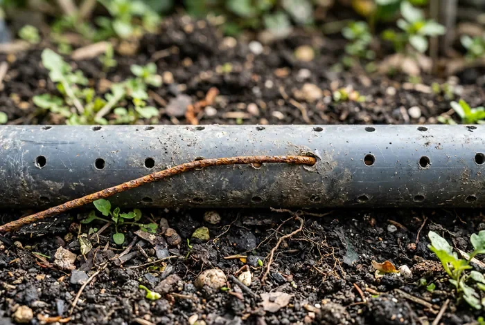 Tuyau en PVC percé et fil de fer pour éloigner les taupes