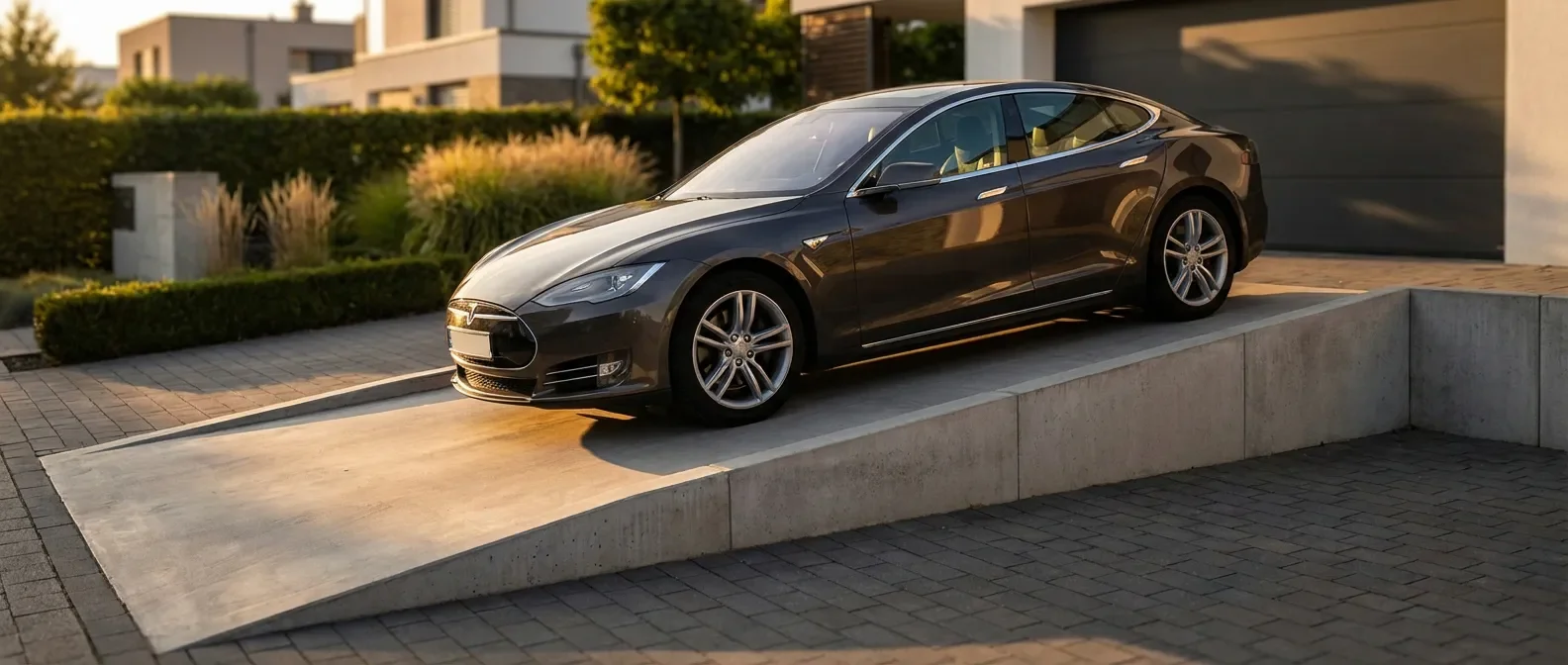 Rampe de trottoir pour voiture : L'accès parfait Image de bannière présentant une voiture moderne montant une rampe de trottoir en béton, avec un éclairage de coucher de soleil.