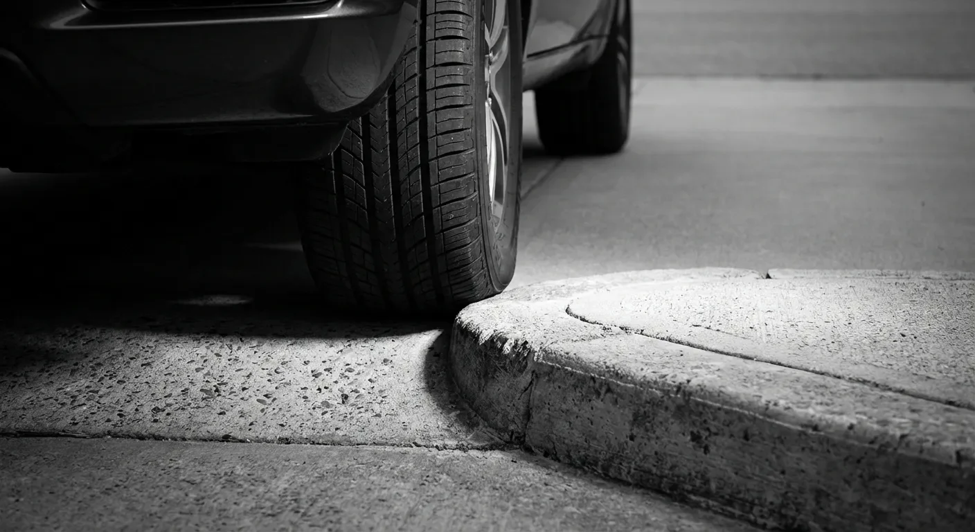 Miniature d'une roue de voiture touchant une rampe d'accès en béton, avec un contraste élevé.