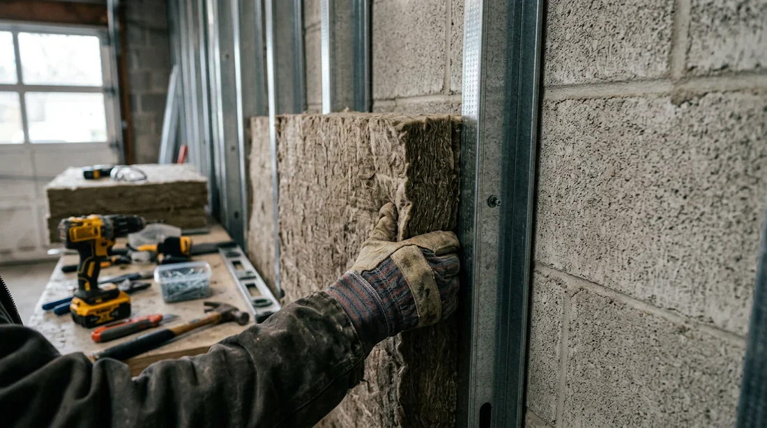 Pose de panneaux de laine de roche pour isolation mur garage