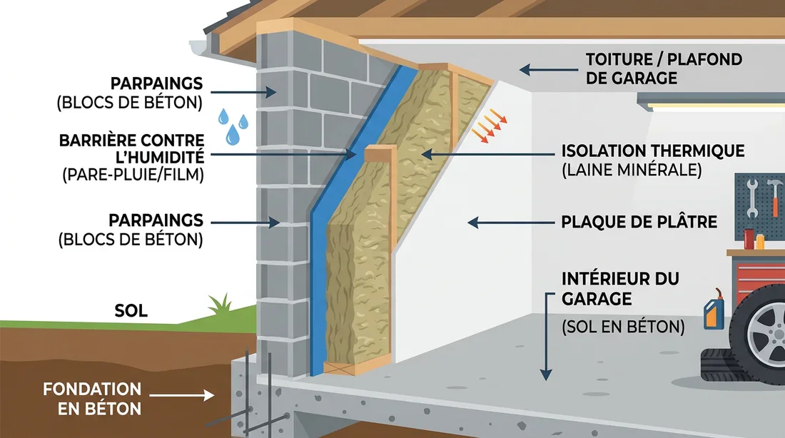 Schéma technique des couches d'isolation d'un mur de garage
