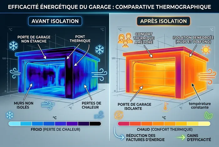 Faut-il isoler un garage non chauffé ? - Isolation garage : Le guide ultime (2026) - Garage non chauffé : Faut-il vraiment l'isoler ? Schéma thermographique comparatif d'isolation thermique de garage