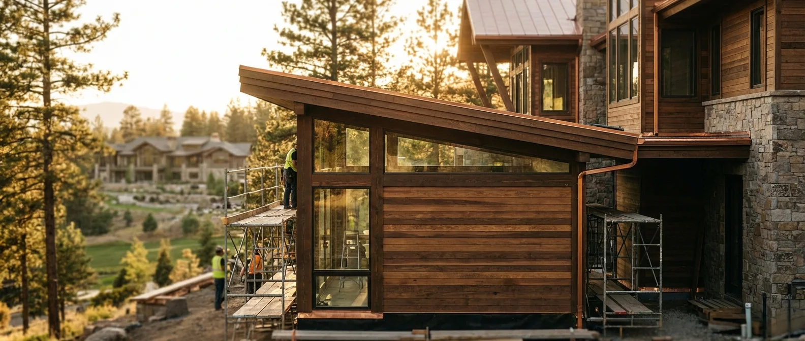 Un appentis moderne en bois en cours de fermeture avec des parois vitrées haut de gamme sous une lumière dorée.