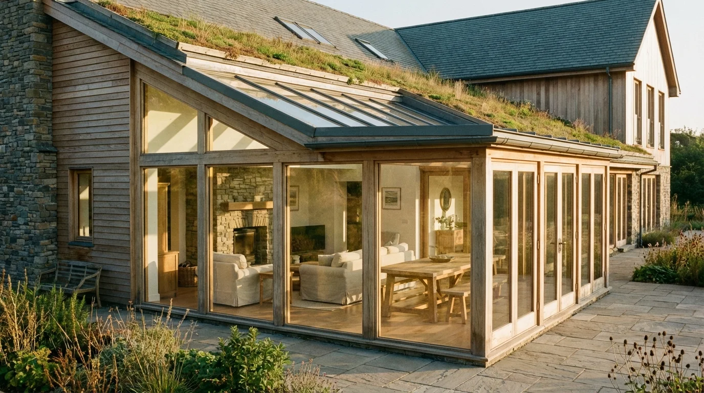 Vue d'ensemble d'un appentis totalement fermé et aménagé en véranda chaleureuse.
