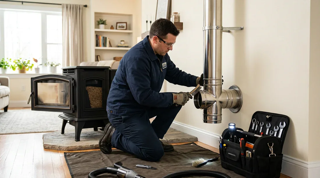 Poêle à pellet moderne en fonctionnement Poêle à pellet moderne en fonctionnement avec conduit d'évacuation visible