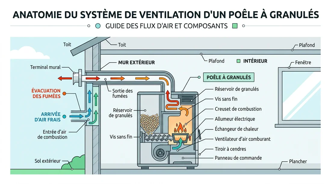 Schéma technique du conduit Schéma de fonctionnement du conduit d'un poêle à pellet