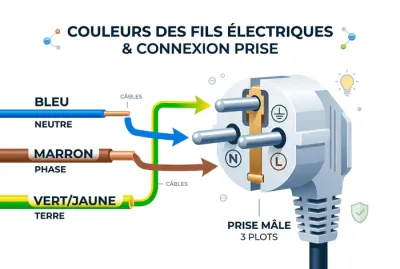 Infographie montrant la couleur des fils électriques et leur emplacement dans une prise