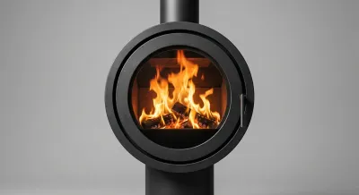 Gros plan sur les flammes d'un poêle à bois design France Turbo.