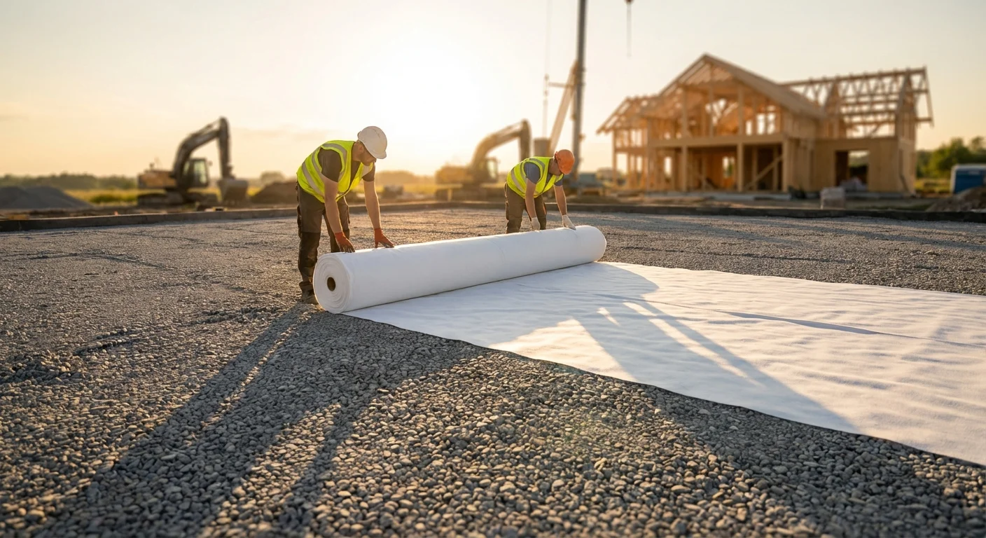 Pose d'un feutre géotextile blanc sur un lit de gravier pour la fondation d'une maison moderne.