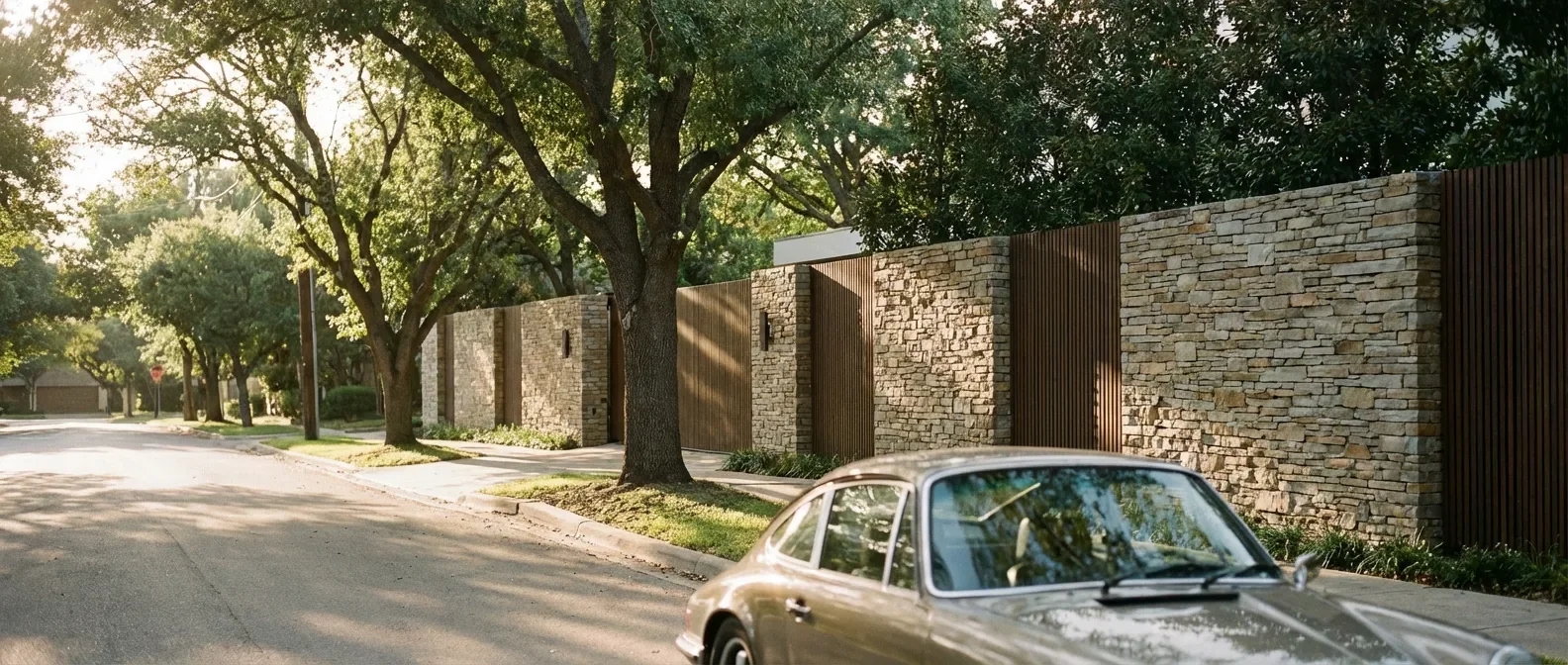 Mur de clôture moderne en pierre le long d'une rue résidentielle, avec lumière du soleil dorée, illustrant la réglementation sur la hauteur des murs.