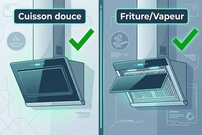 Hotte inclinée : faut-il ouvrir le capot ? Le guide ultime - Hotte inclinée : faut-il ouvrir le capot pour cuisiner ? - Faut-il ouvrir le capot d'une hotte inclinée ? La réponse Comparaison infographique hotte inclinée cuisson douce versus friture