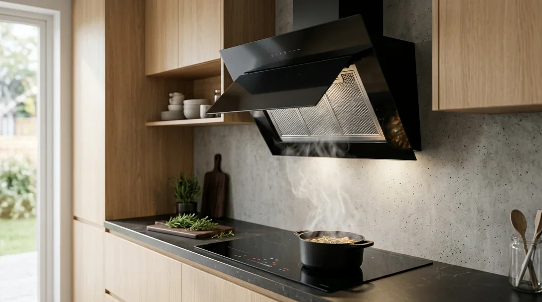 Installation d'une hotte inclinée dans une cuisine moderne Cuisine moderne avec plaque à induction et hotte inclinée performante