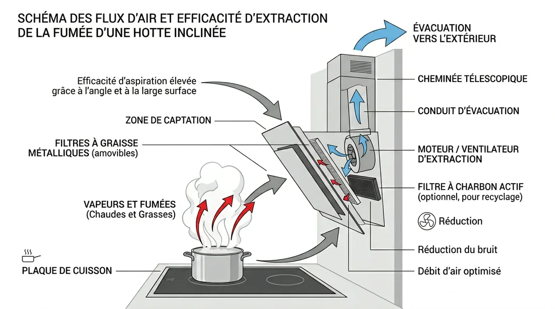 Efficacité énergétique et aspiration Schéma de fonctionnement et aspiration d'une hotte inclinée