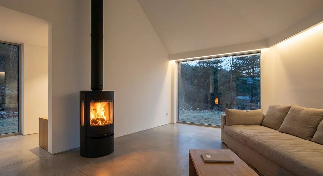Salon moderne avec poêle à bois allumé et conduit d'évacuation noir montant au plafond