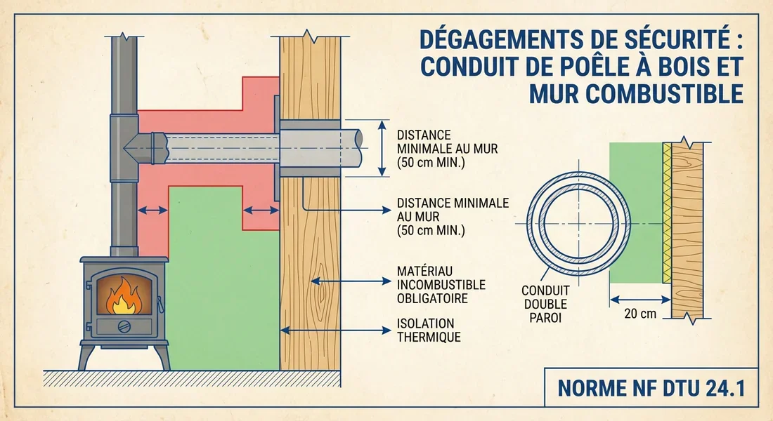 Schéma technique des distances de sécurité pour conduit de poêle