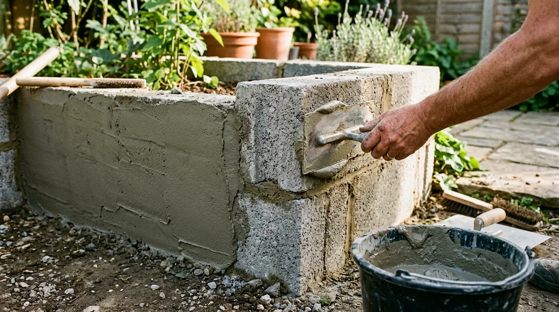 Application d'un enduit de finition parement sur le mur en parpaings de la jardinière
