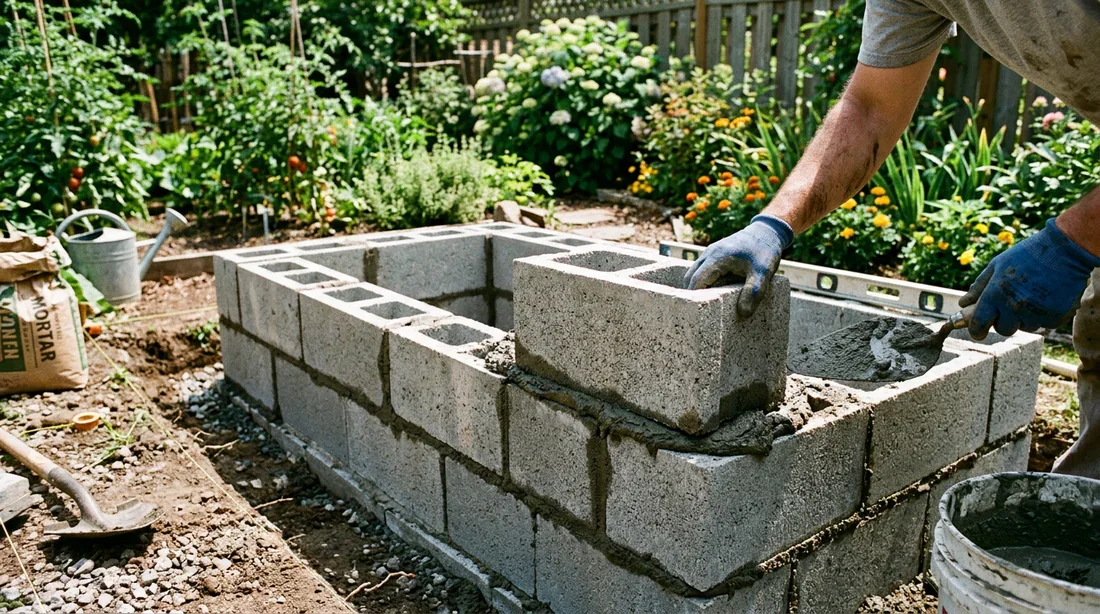 Montage des premiers rangs de parpaings avec du mortier pour monter la jardinière
