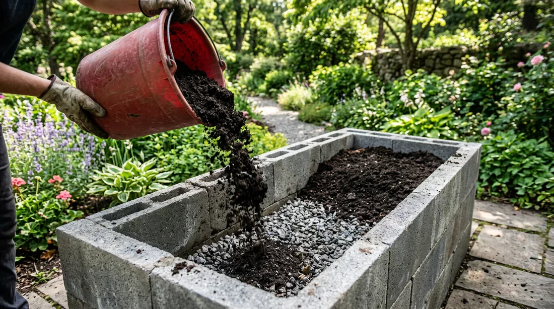 Préparation du drainage en gravier et ajout du terreau dans la jardinière