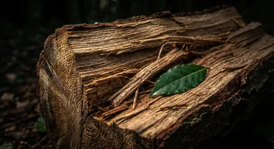Gros plan sur la texture d'une bûche de laurier et une feuille verte
