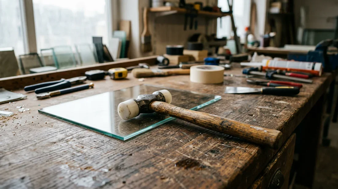 Établi de vitrier professionnel avec un marteau à embouts blancs et une plaque de verre