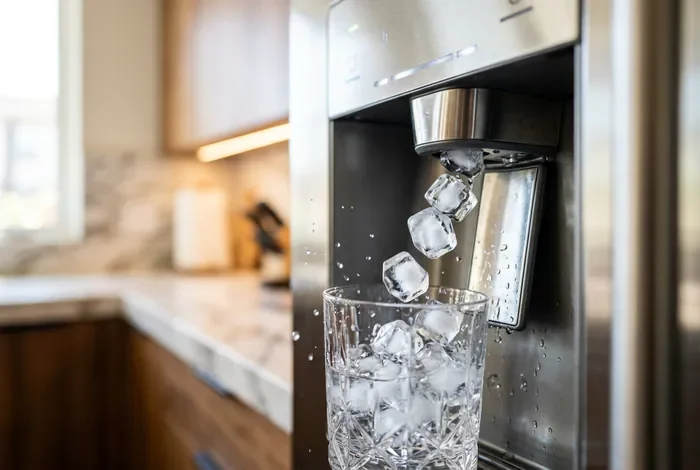 Frigo américain Samsung ne fait plus de glaçon : 6 solutions - Réparer son frigo Samsung : 6 solutions efficaces - Frigo Samsung ne fait plus de glaçons : que faire ? Distributeur de glaçons de frigo américain en gros plan