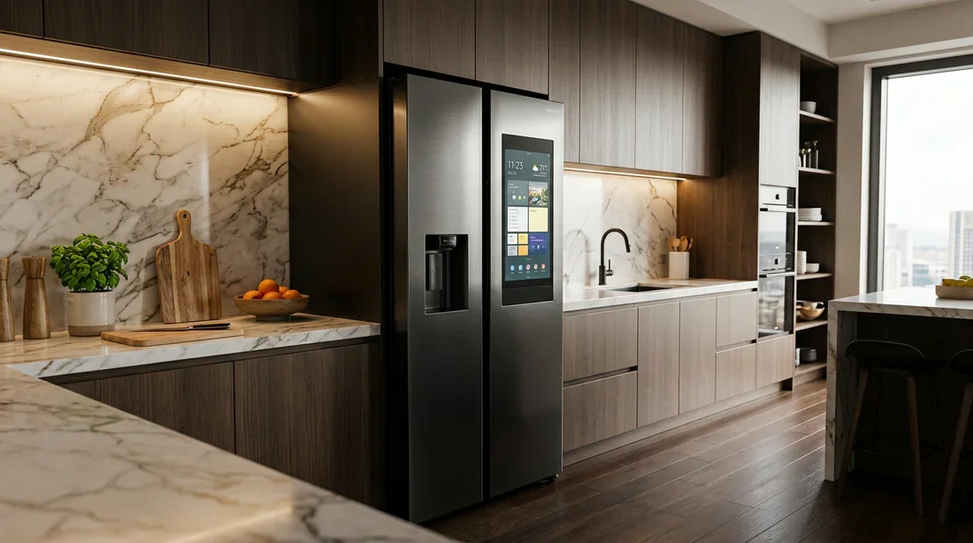 Frigo américain Samsung moderne avec écran tactile Frigo américain Samsung avec écran Family Hub dans une cuisine contemporaine luxueuse