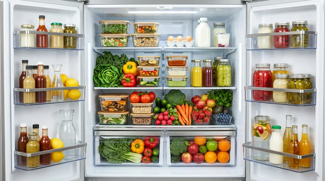 Organisation intérieure d'un frigo américain Intérieur organisé d'un grand réfrigérateur américain rempli d'aliments frais