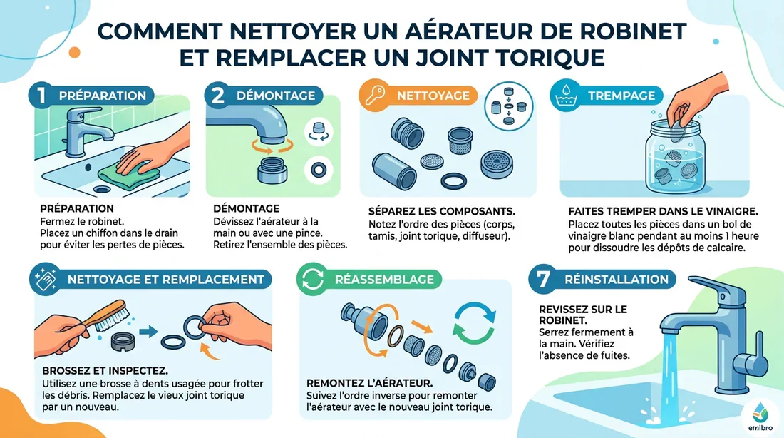 Guide étape par étape entretien robinet Infographie étapes nettoyage et remplacement joints robinet
