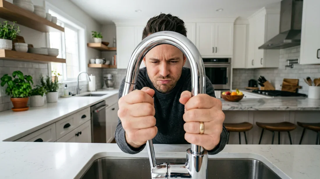 Réparation d'un mitigeur de cuisine Personne essayant de réparer un mitigeur de cuisine bloqué