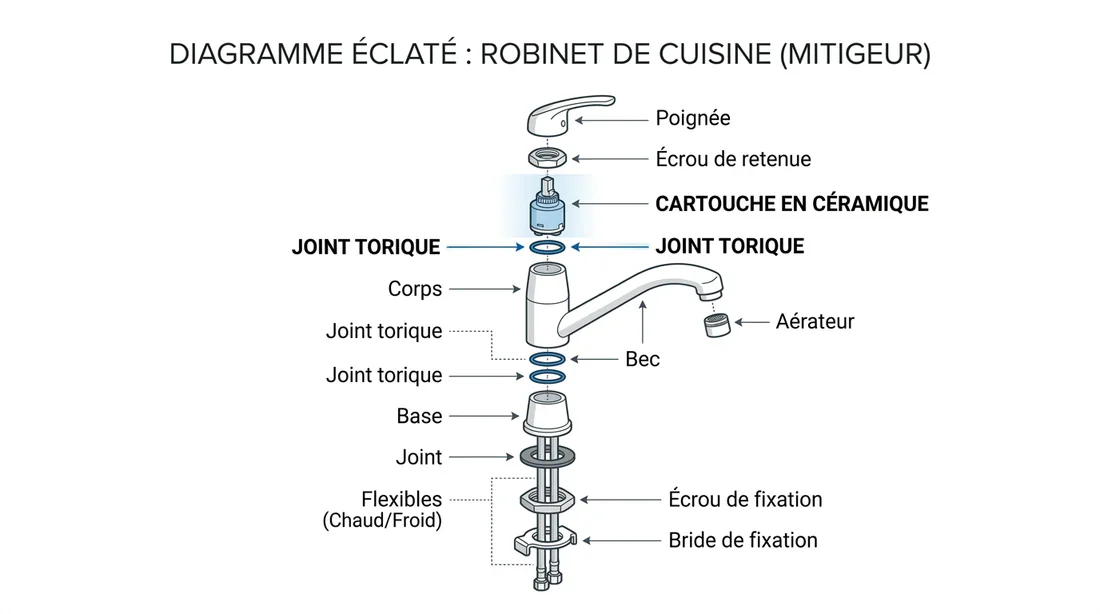 Vue éclatée d'un mitigeur Schéma technique des composants d'un mitigeur de cuisine