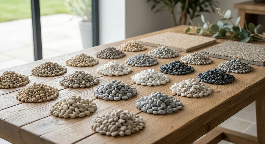 Nuancier de couleurs pour terrasse en résine Différents coloris de granulats de marbre pour moquette de pierre.