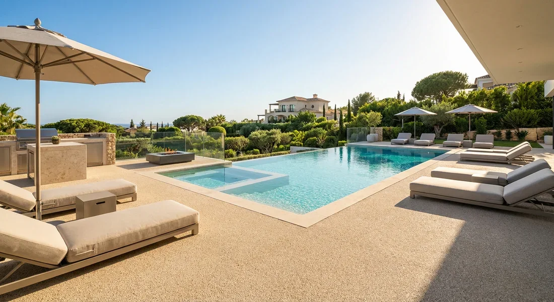 Terrasse de piscine en résine beige haut de gamme Plage de piscine moderne en moquette de pierre beige clair et eau turquoise.