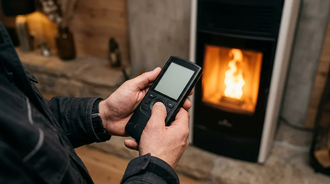 Télécommande de poêle à granulés Edilkamin en cours d'utilisation Technicien utilisant une télécommande de poêle à granulés Edilkamin