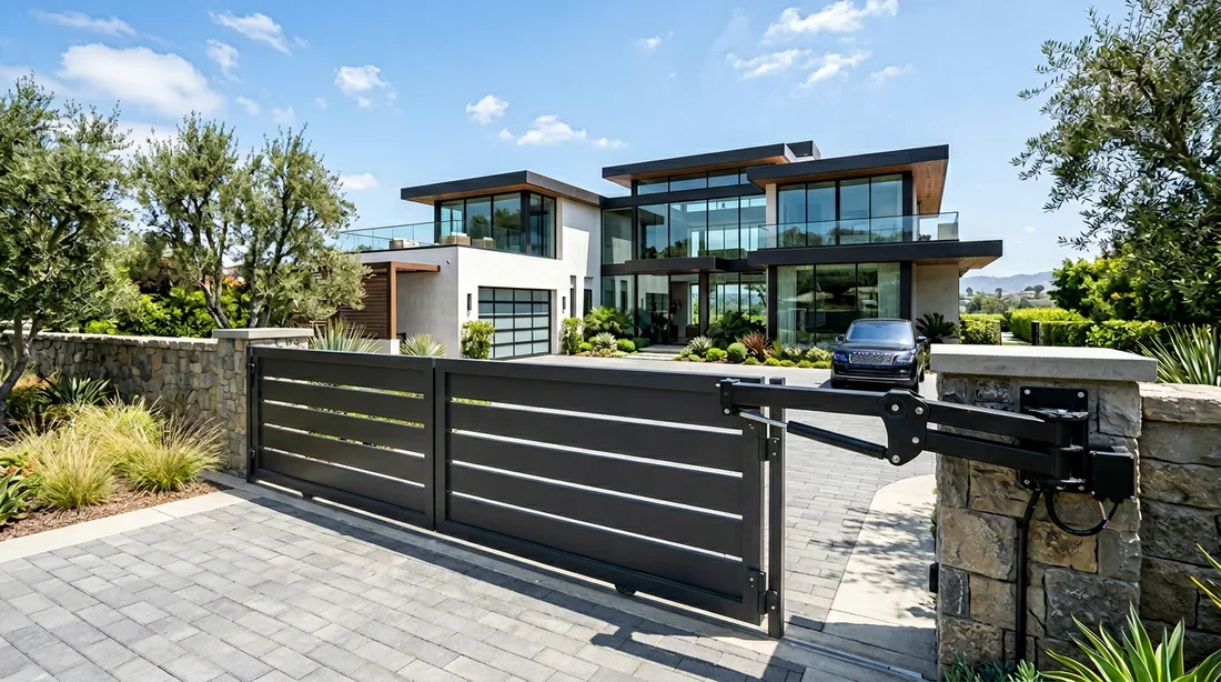 Installation d'un portail motorisé moderne Portail battant moderne en aluminium avec motorisation à bras articulé devant une maison contemporaine