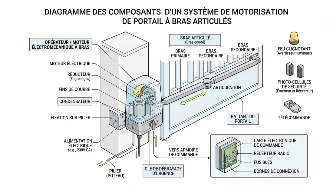 Schéma de fonctionnement de la motorisation Schéma technique des composants d'une motorisation à bras articulés