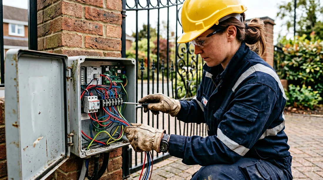 Câblage du moteur de portail Technicien effectuant le câblage d'un moteur de portail battant