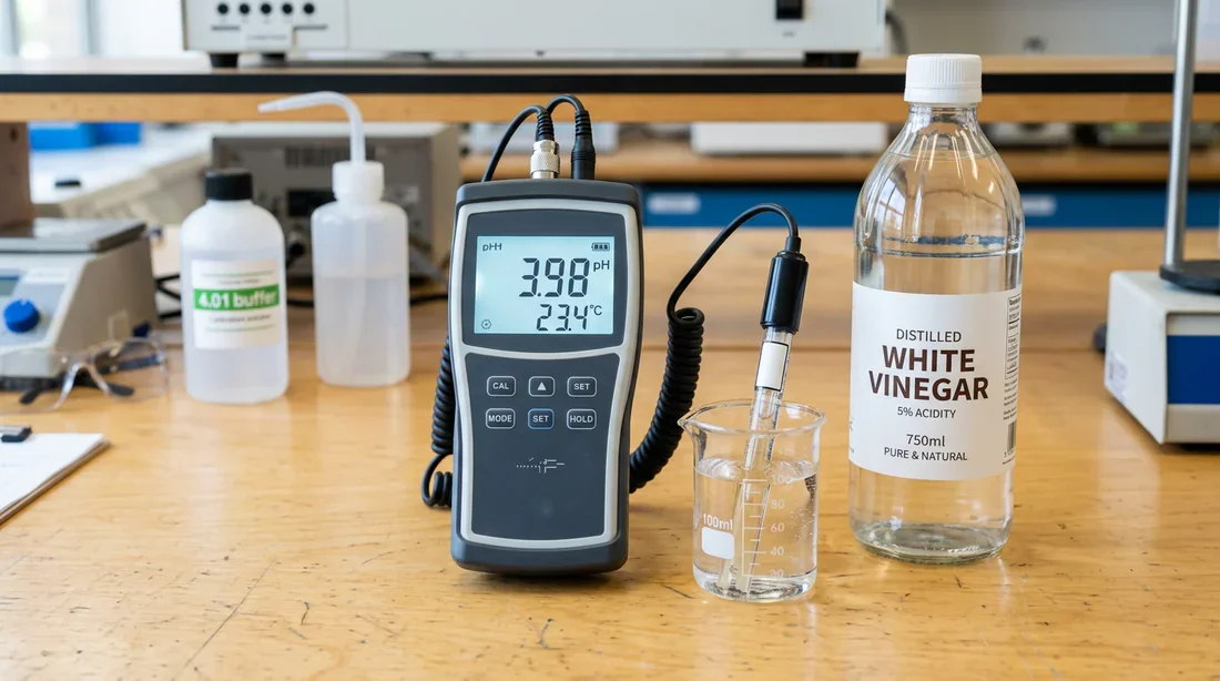 Nettoyage d'une sonde pH avec du vinaigre blanc Sonde pH professionnelle posée à côté d'une bouteille de vinaigre blanc et d'un bécher en verre sur un établi propre.