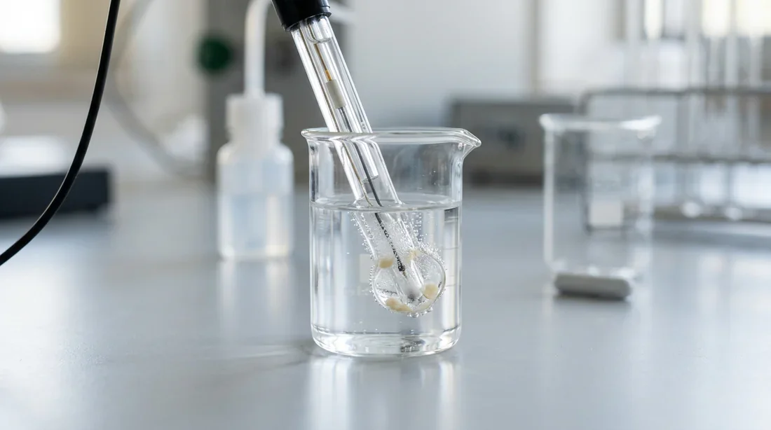 Détartrage de la sonde pH au vinaigre Trempage de la pointe de la sonde pH dans une solution de vinaigre blanc.