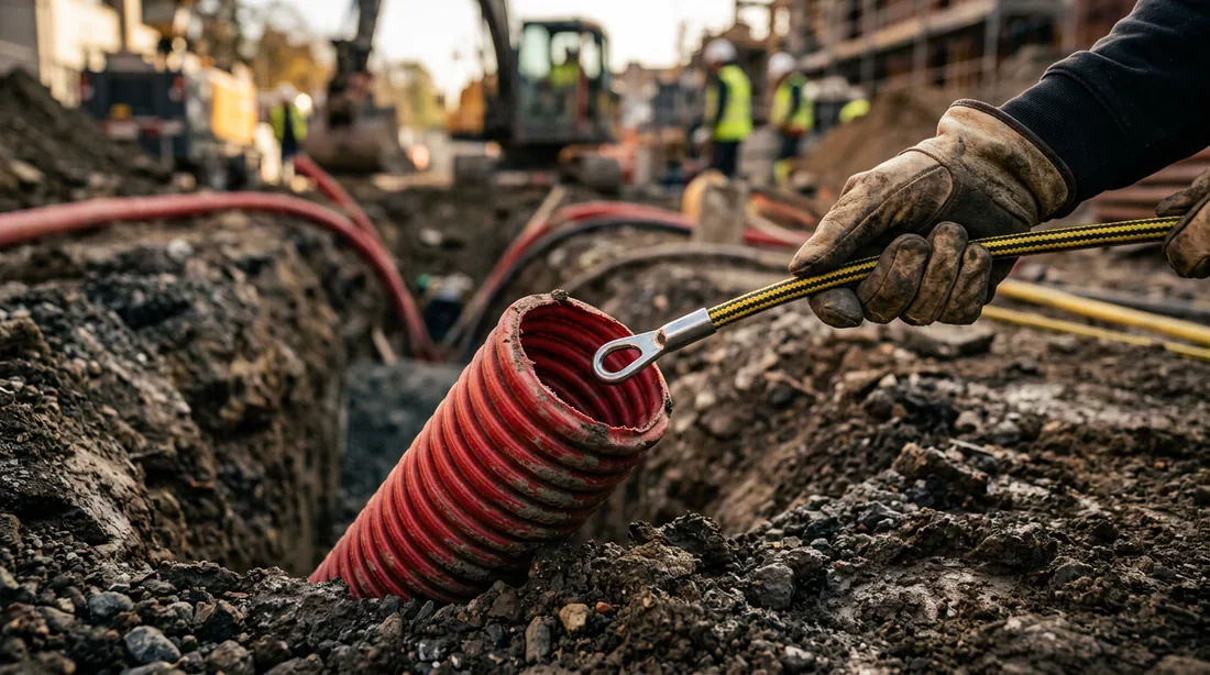 Aiguille d'électricien insérée dans une gaine rouge enterrée