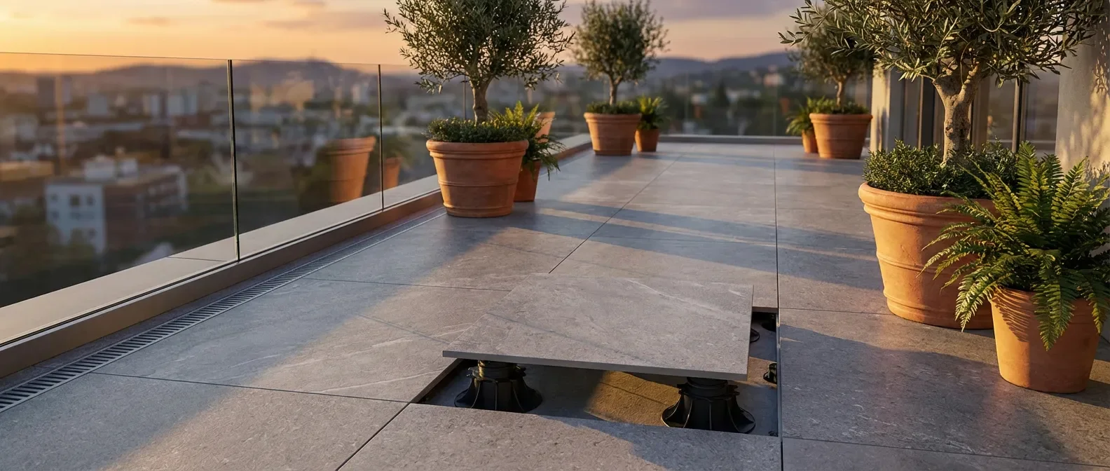 Terrasse moderne de luxe sur plots avec pente discrète pour un drainage optimal, vue épique au coucher du soleil.