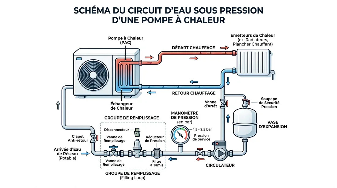 Schéma technique pour remettre de l'eau dans le circuit d'une pompe à chaleur
