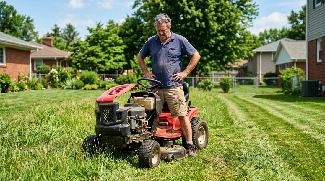 Homme face à une panne de tracteur tondeuse Homme dépité regardant son tracteur tondeuse en panne au milieu de son jardin