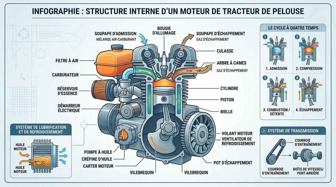 Schéma du moteur de tracteur tondeuse Schéma technique des composants d'un tracteur tondeuse